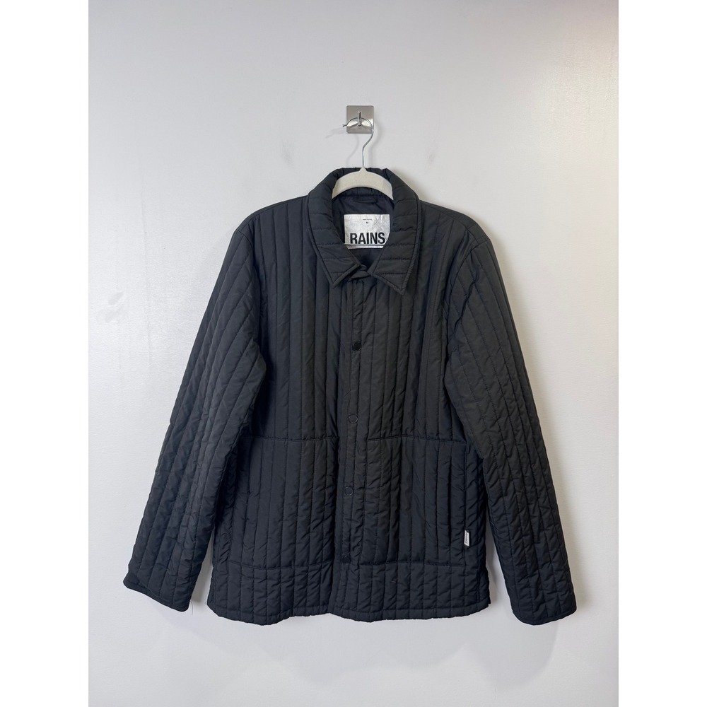 Rains Men Banja Black Liner Jacket Vertical Quilted Ripstop Snap Front Medium